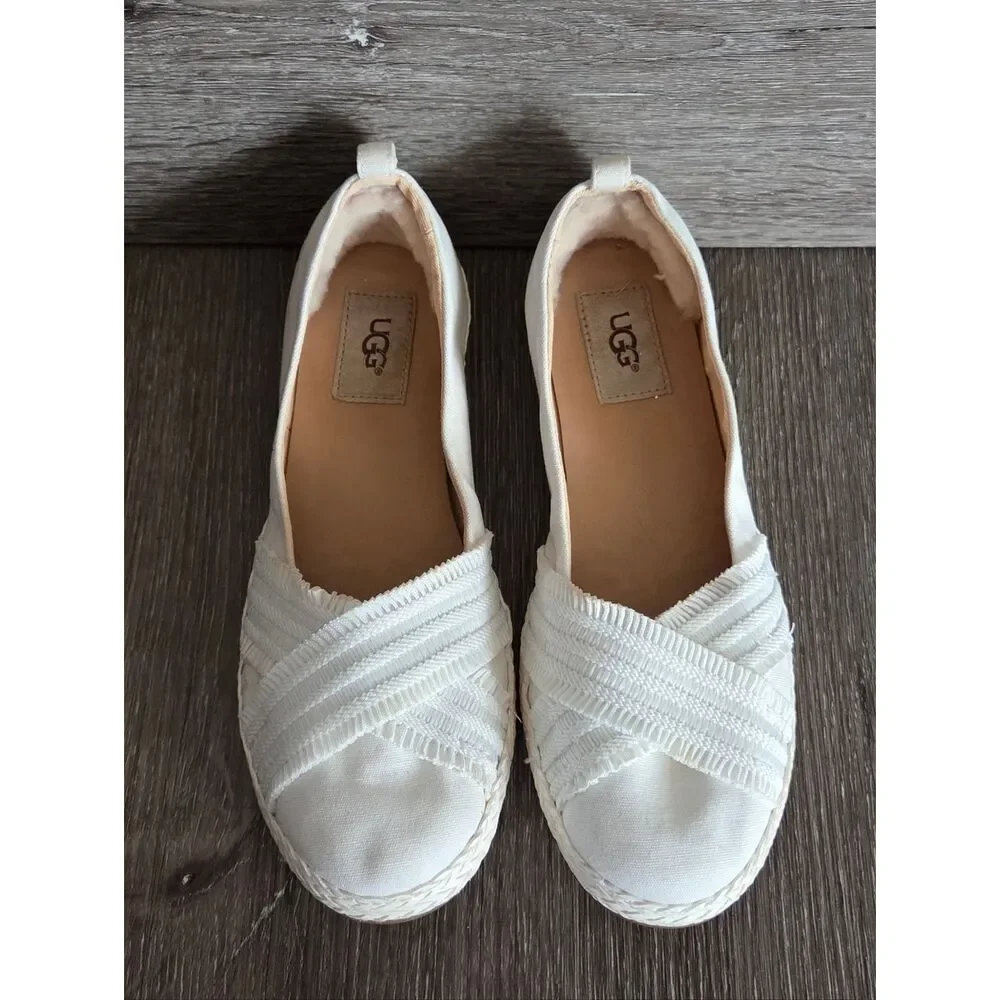 UGG Ynez Ballet Flats Womens 7 US Slip On Sherpa Heel Canvas Shoes White 1092238